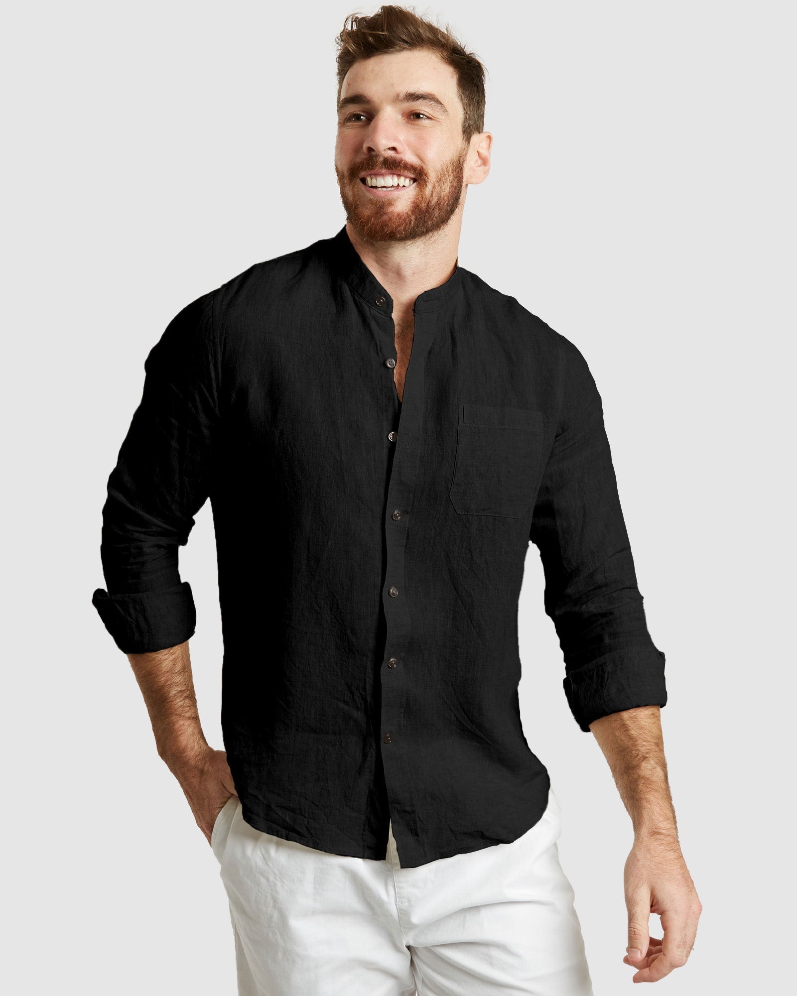 Palma-Casual Black Mandarin Collar Linen Shirt – camixa.com