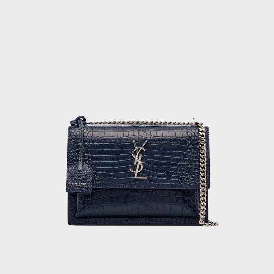 SAINT LAURENT Sunset Medium Croc-Effect Bag in Navy | COCOON