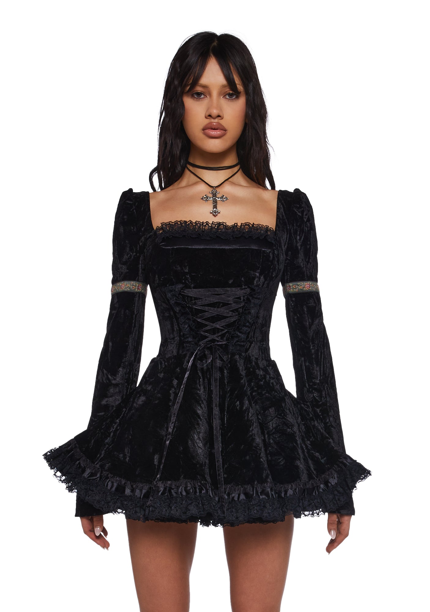 Current Mood Velour Embroidered Trim Mini Dress - Black – Dolls Kill
