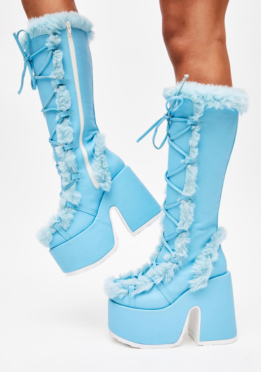 Demonia x Dolls Kill Camel-311 Faux Fur Knee High Platform Boots
