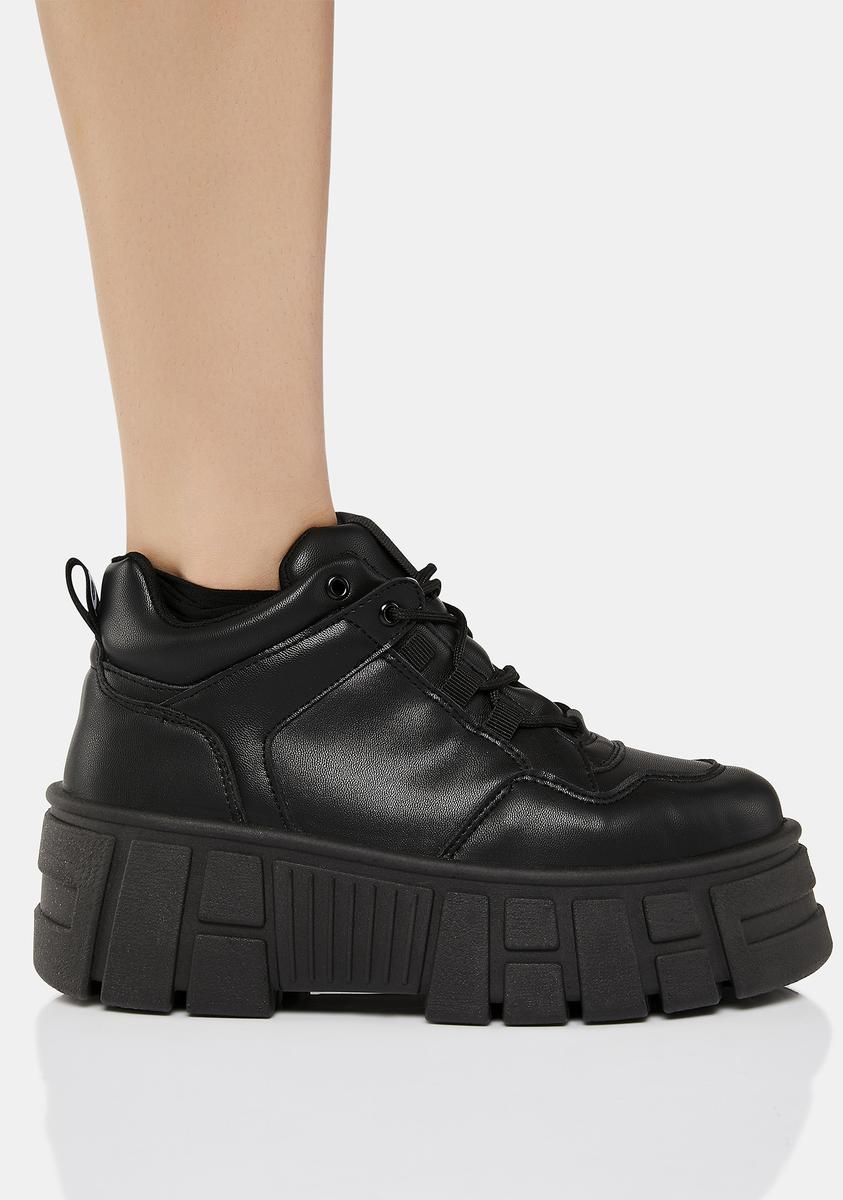 Altercore Vegan Leather Sneakers With Treaded Soles - Black