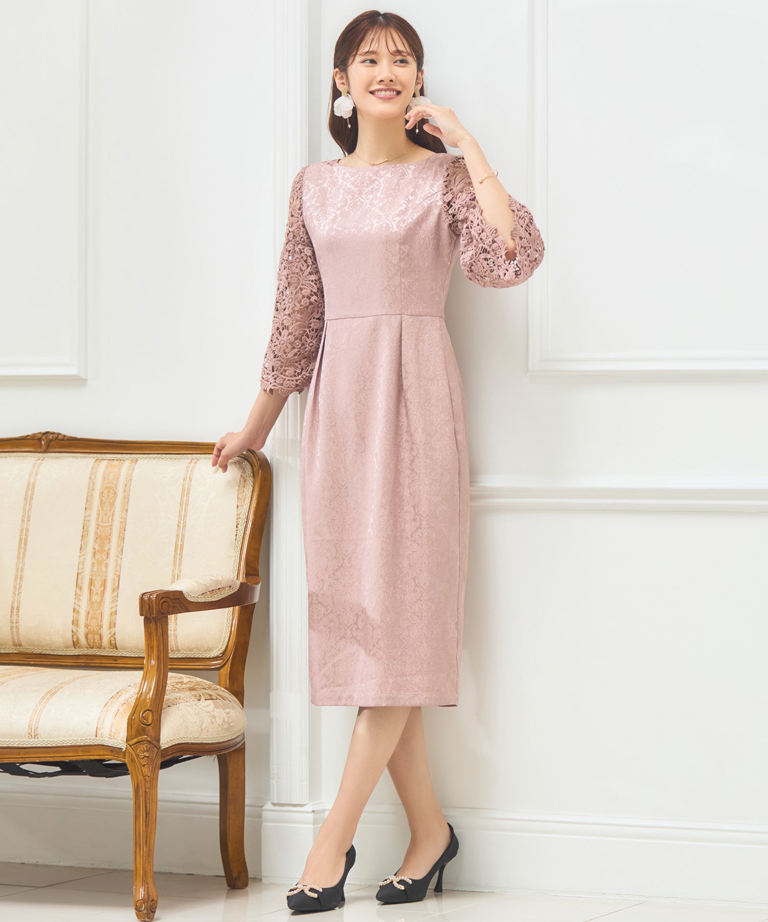 レース七分袖×ダマスク柄ワンピースドレス結婚式ワンピース・お呼ばれ