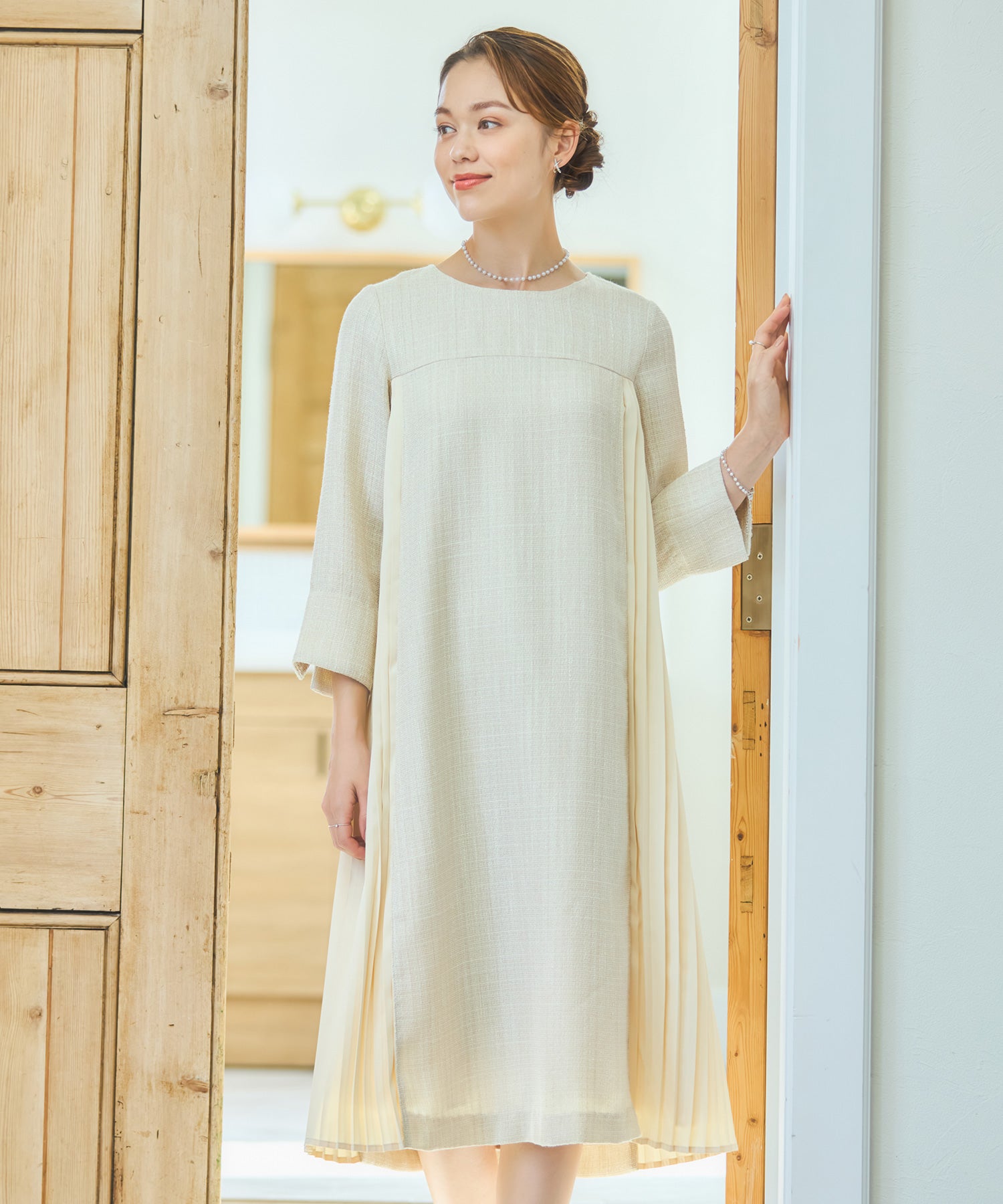 パーティードレス ツイード ワンピース 結婚式 ベージュ – [公式