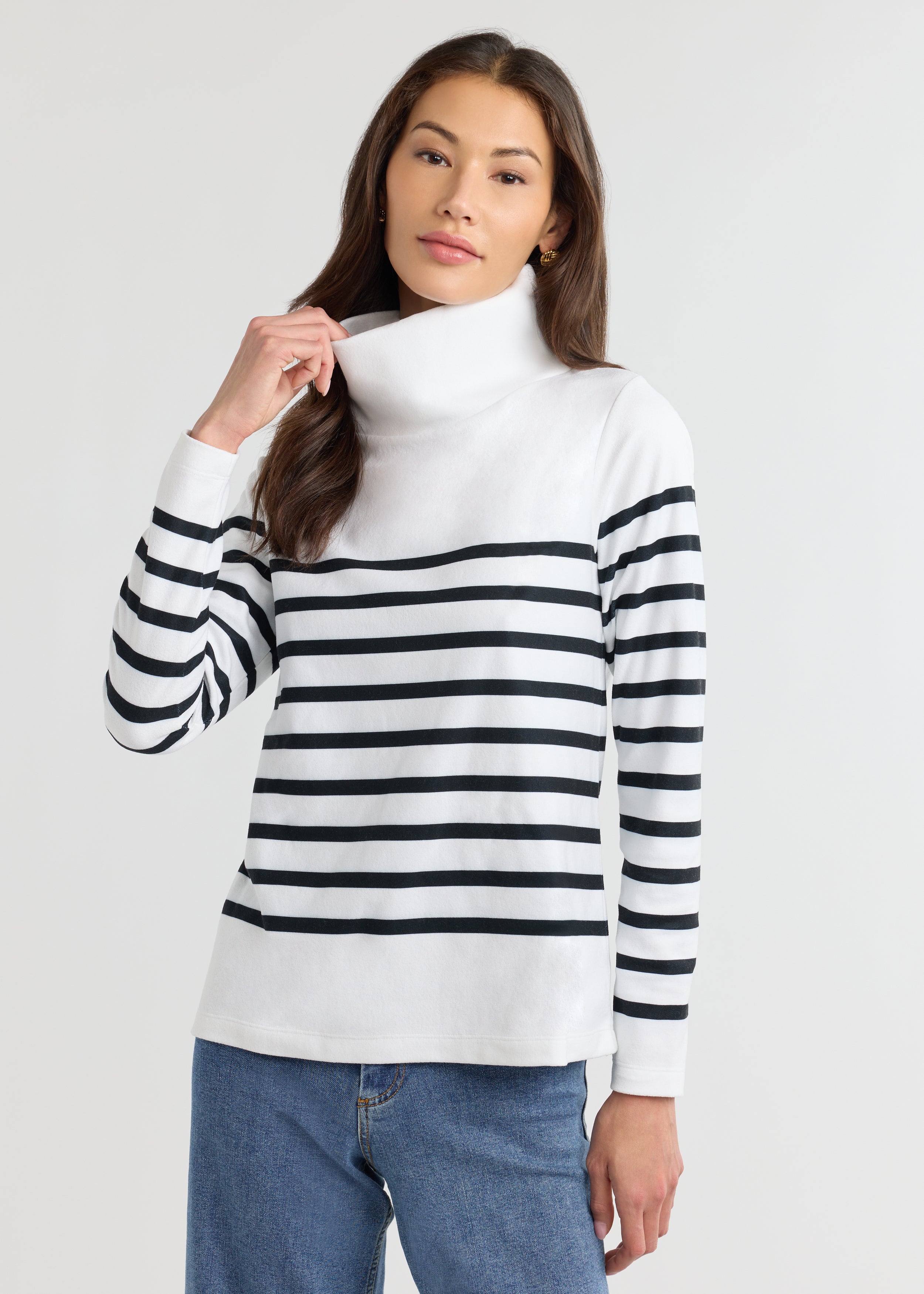 Greenpoint Turtleneck in Terry Fleece (White/Black Placed Stripe