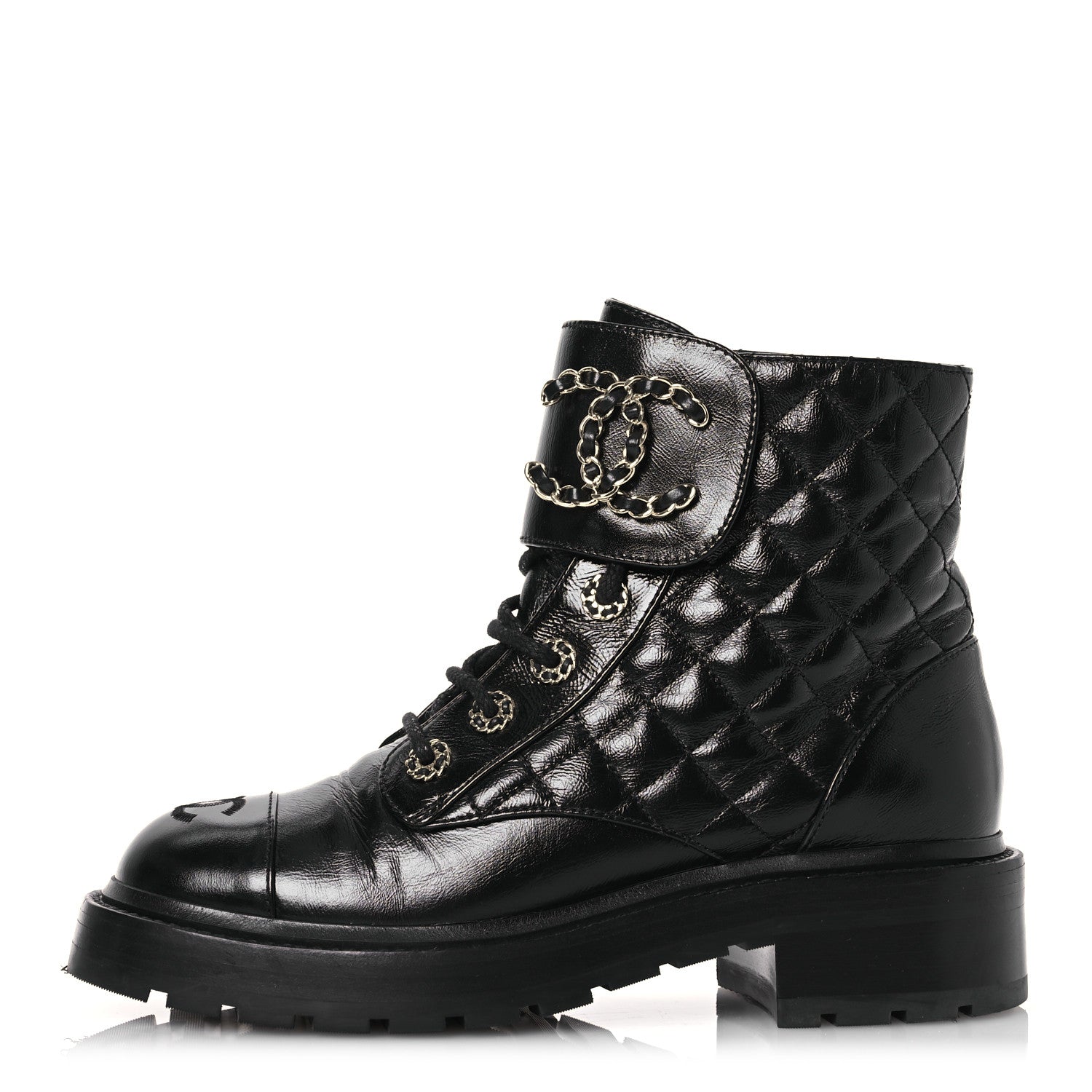 Chanel Shiny Calfskin Quilted Lace Up Combat Boots 37 Black