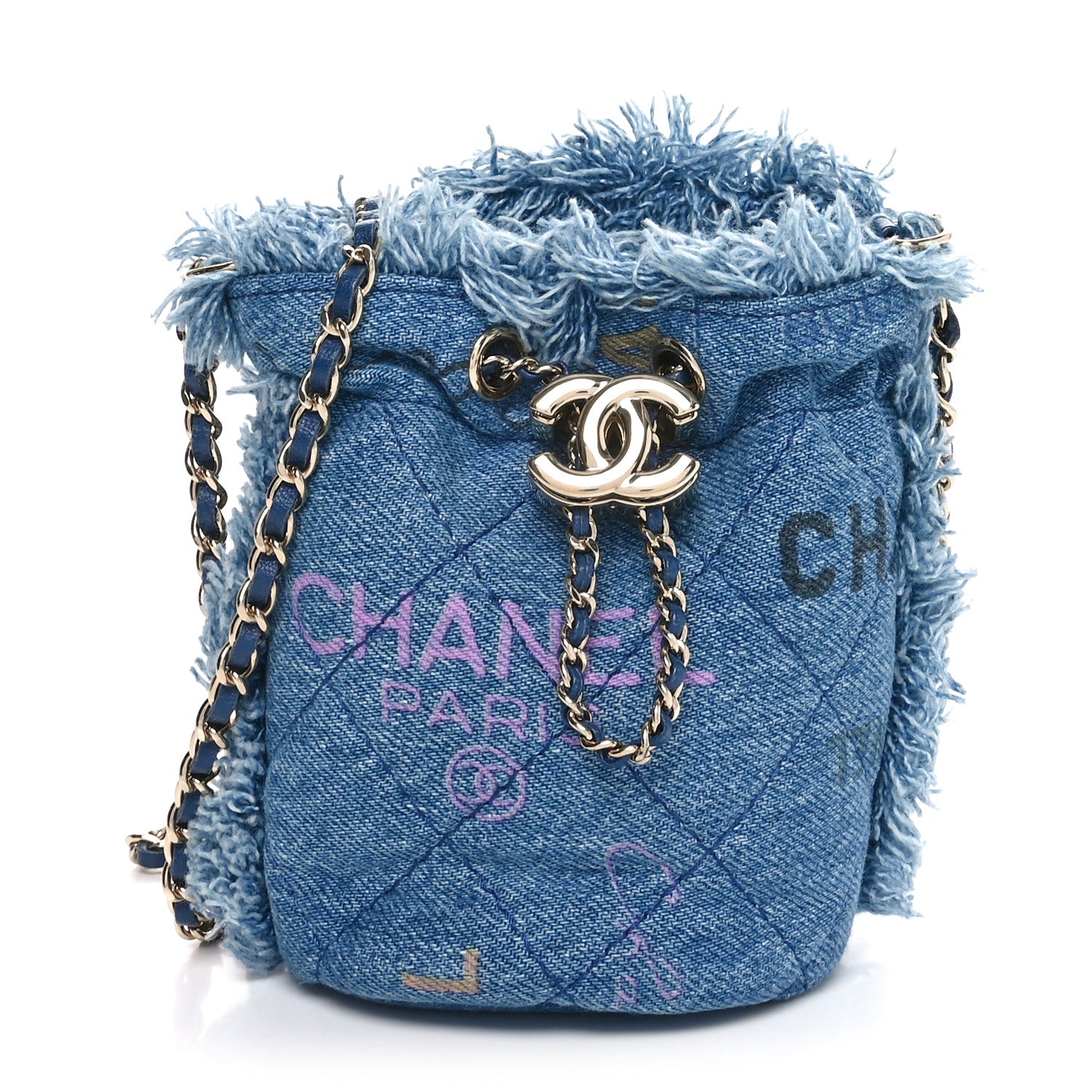 Chanel Denim Quilted Mood Mini Bucket With Chain Blue Multicolor