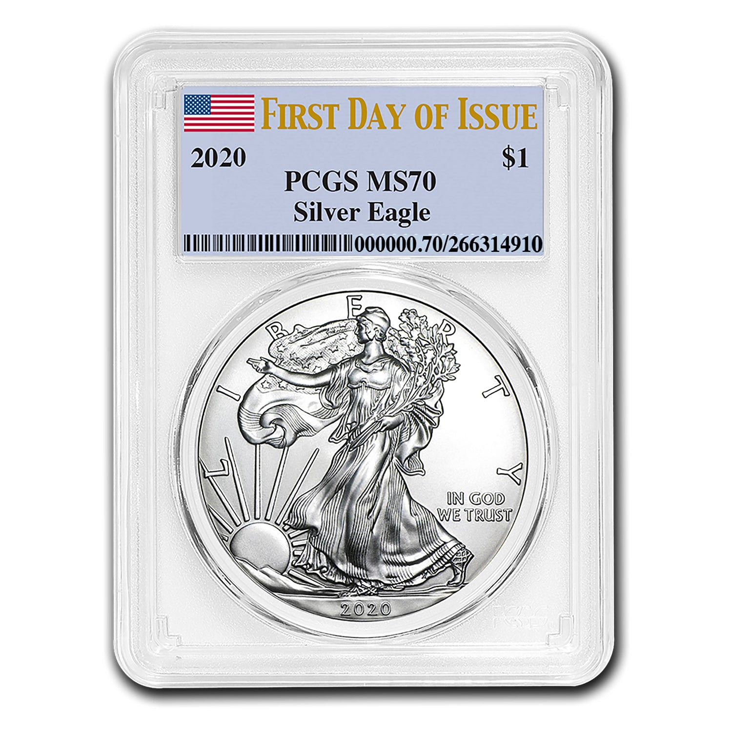 2020 $1 American Silver Eagle MS70 PCGS - First Day of Issue