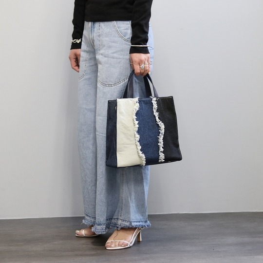 デニム切り替えスクエアトートバッグ 2WAYショルダー デニムフリンジ 軽量