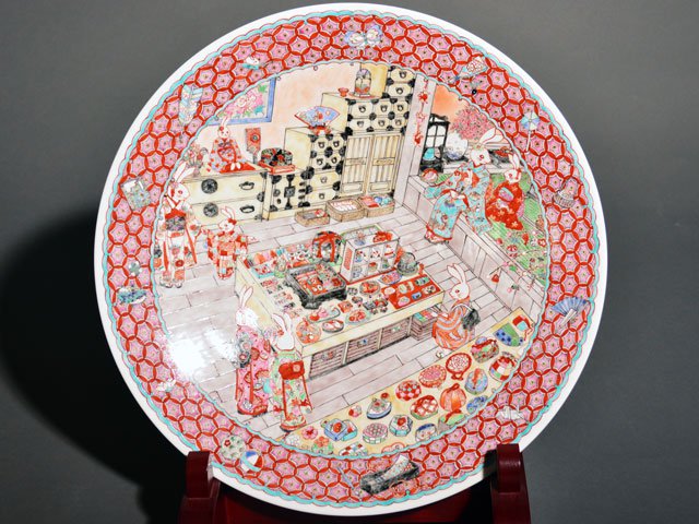 AH69 大甕焼 おおみか焼 鉄釉抜絵皿 大皿 飾り皿 ざくろ図 共箱栞 未