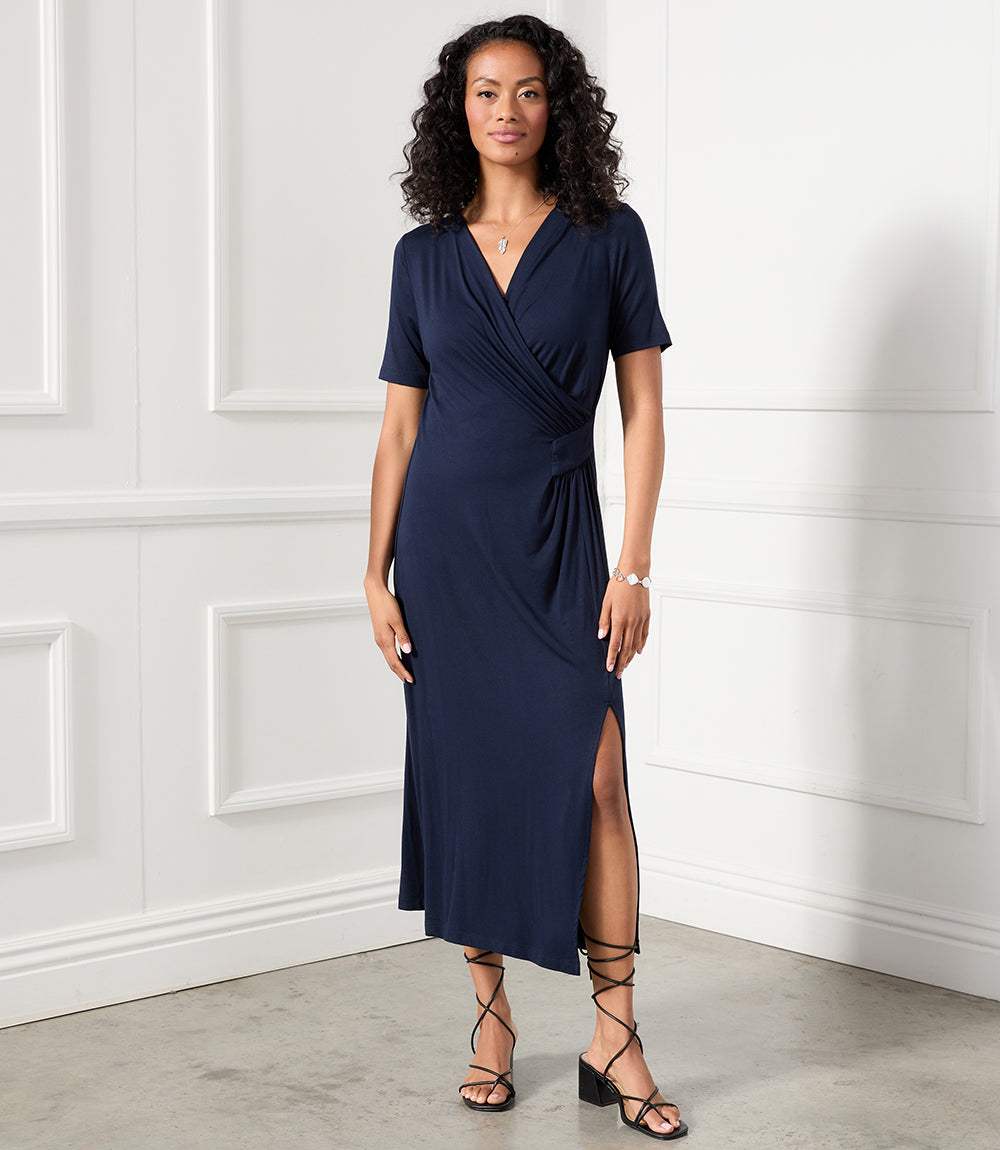 Faux Wrap Midi Dress - Stylish & Comfortable Jersey Knit Dress