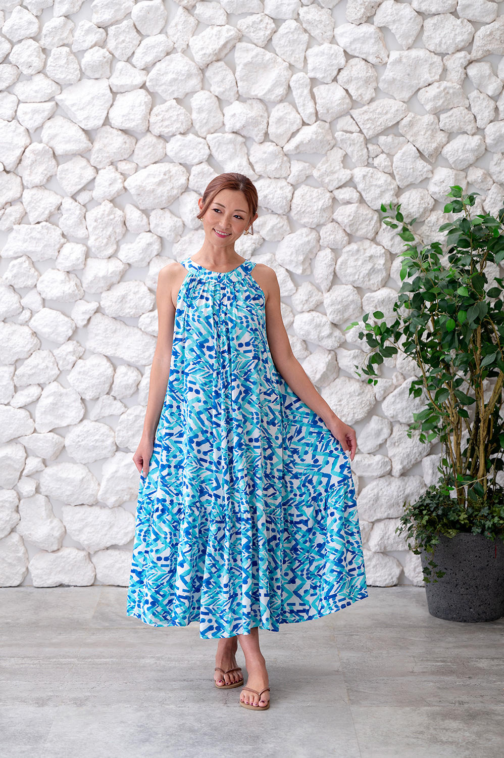 PUKANA ホルターネック ドレスワンピース 総柄ボタニカル レッド