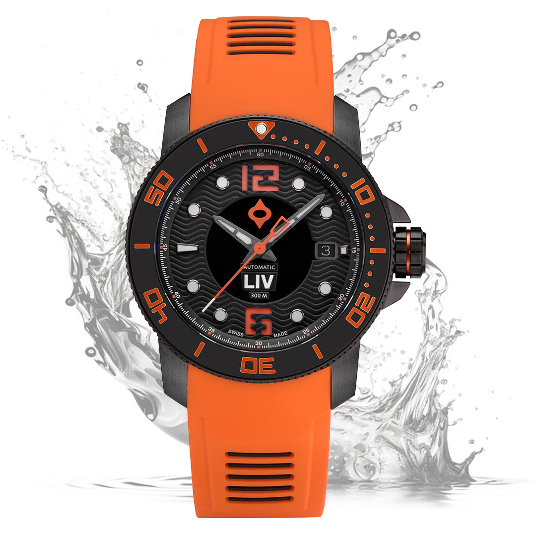 Shop Signature Orange LIV GX-Diver's Swiss Made Automatic Watch