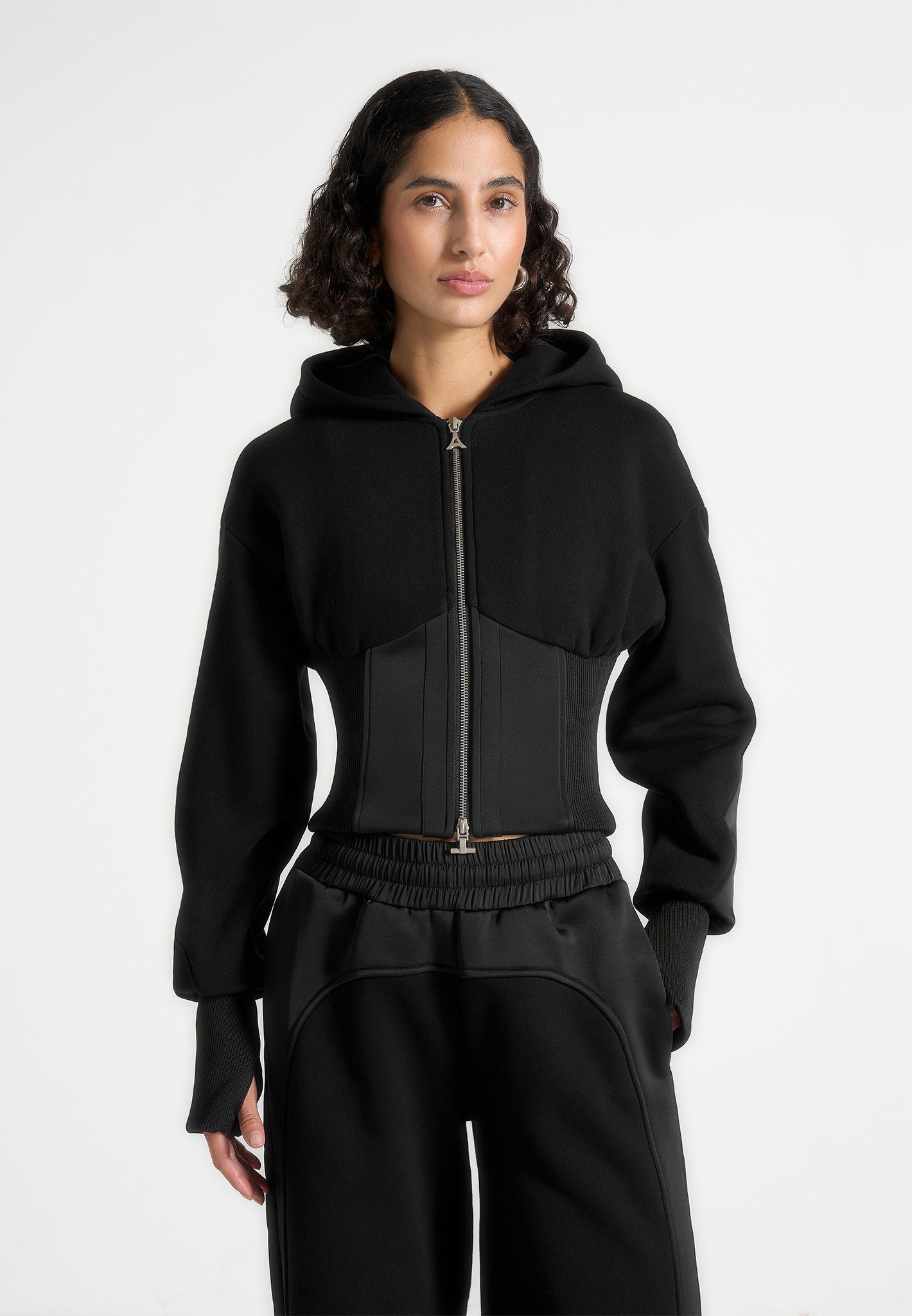 Brune - Corset Jersey And Satin Zip Hoodie - Black | Manière De Voir