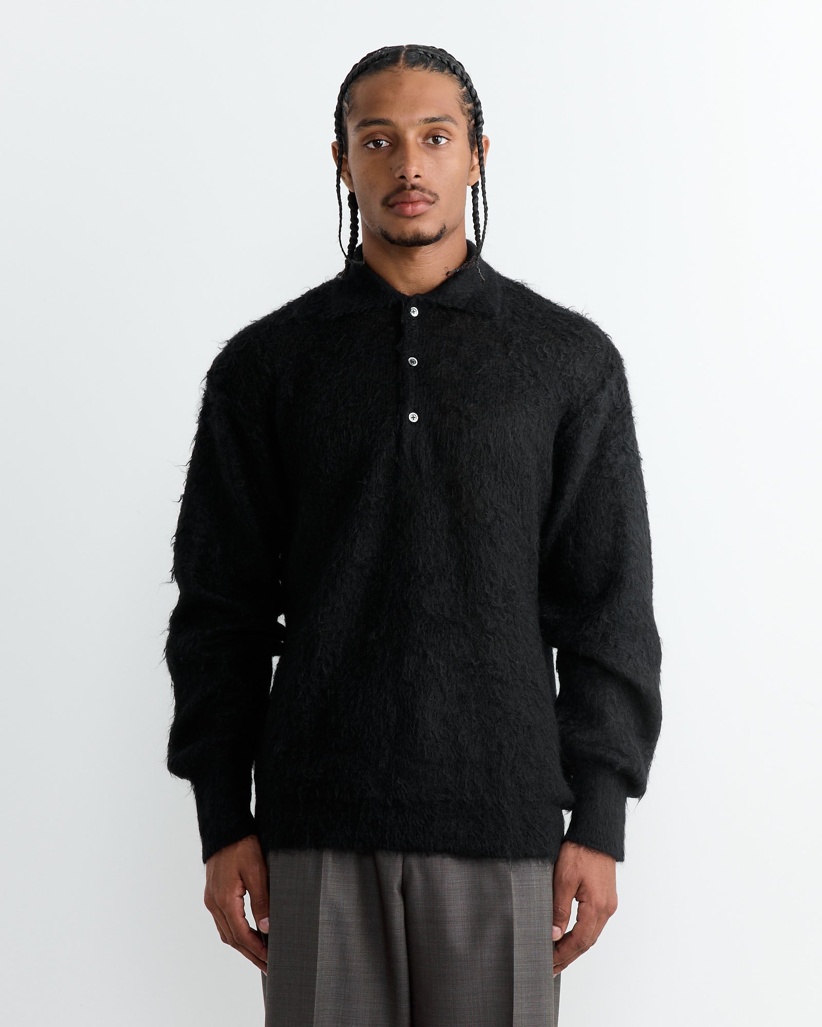 Super Kid Mohair Knit Polo Sweater in Black