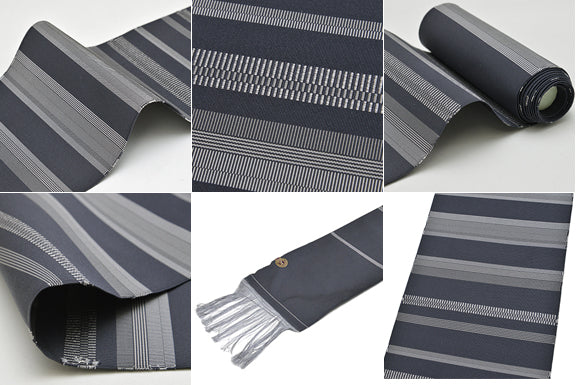 銀座もとじオリジナル 服部綴工房 手織り 爪掻き本綴れ角帯「互縞段 墨