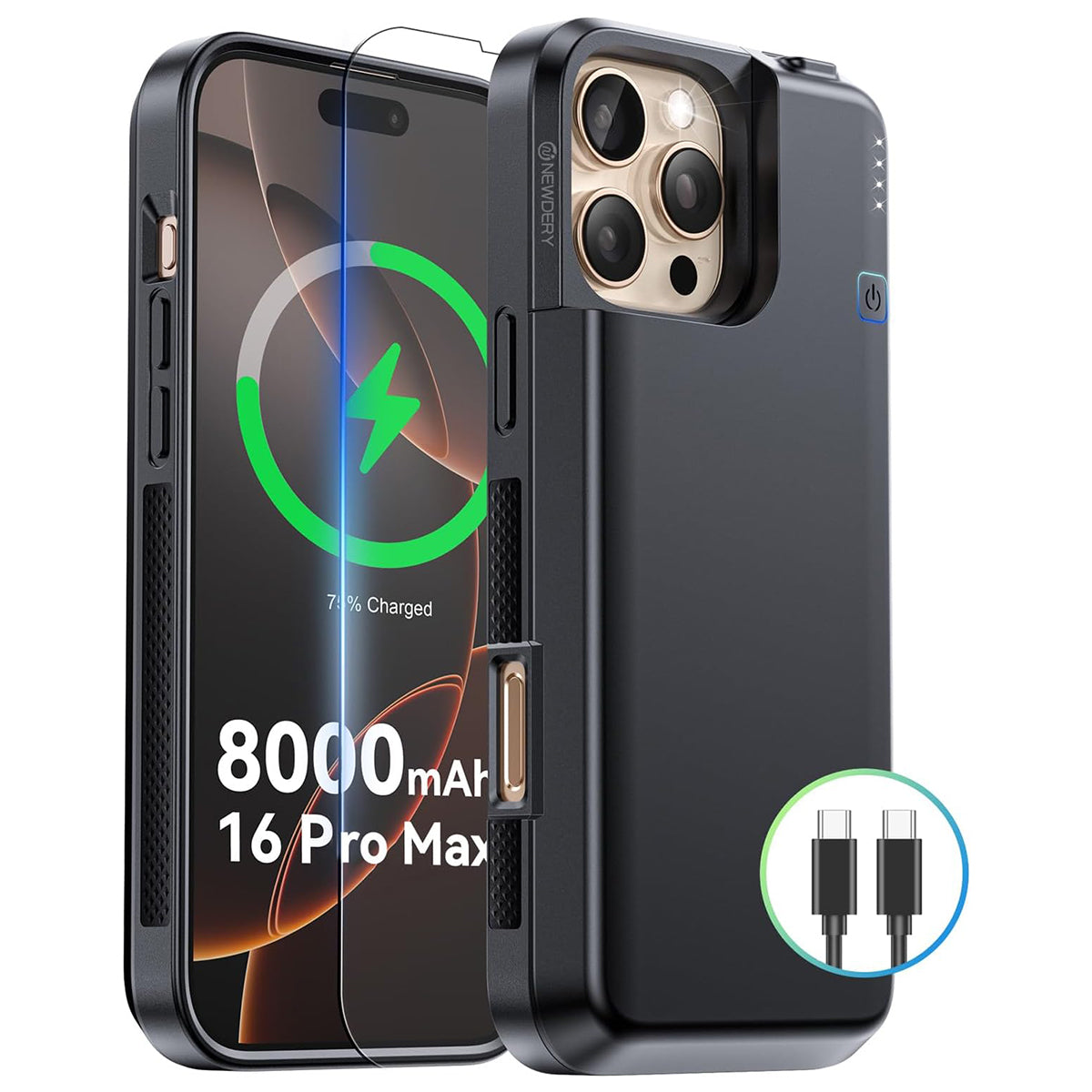 NEWDERY Upgraded Battery Case for iPhone 16 Pro Max, 8000mAh USB-C Po