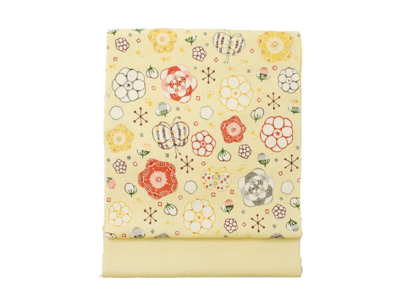 岡本紘子作 型絵染め名古屋帯(花二月蝶入) | 商品紹介 | 染と織たかはし