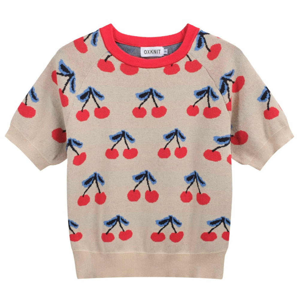 Women's 70s Cherry Knit Tee – Retro Beige Fruit Print Short Sleeve