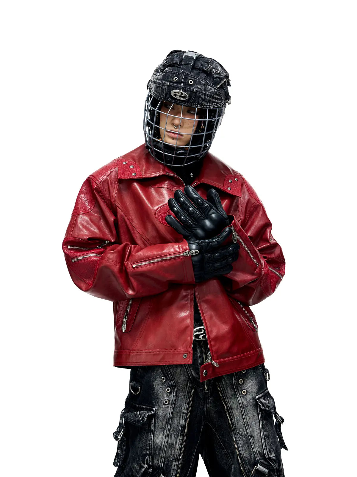 Personsoul Croc Effect Panel Leather Jacket - personsoul