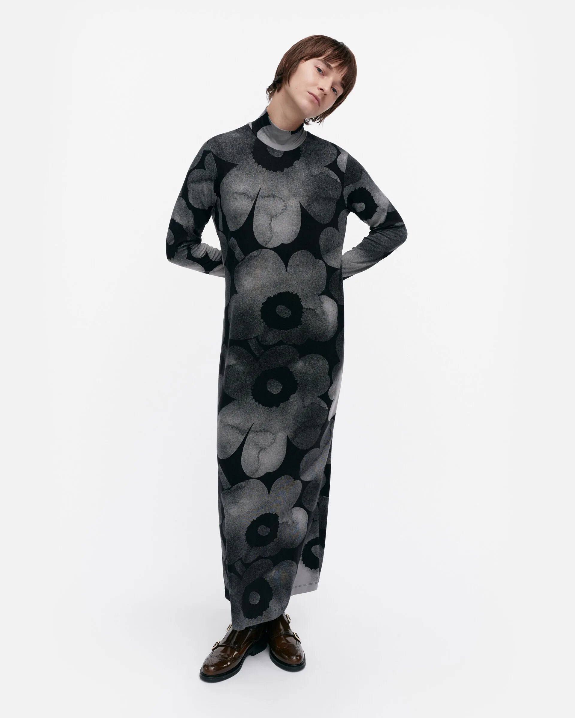 Marimekko Oivi Akvarelli Longsleeve Jersey Dress | Black, Grey