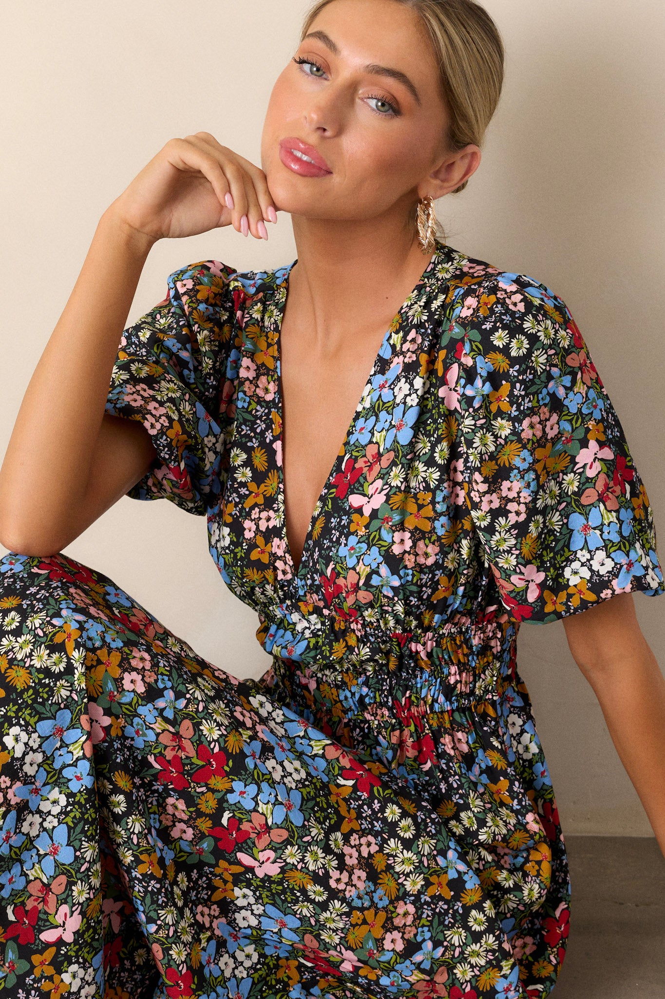 MINKPINK Josie Puff Sleeve Midi Dress In Fall Ditsy Floral | Red Dress