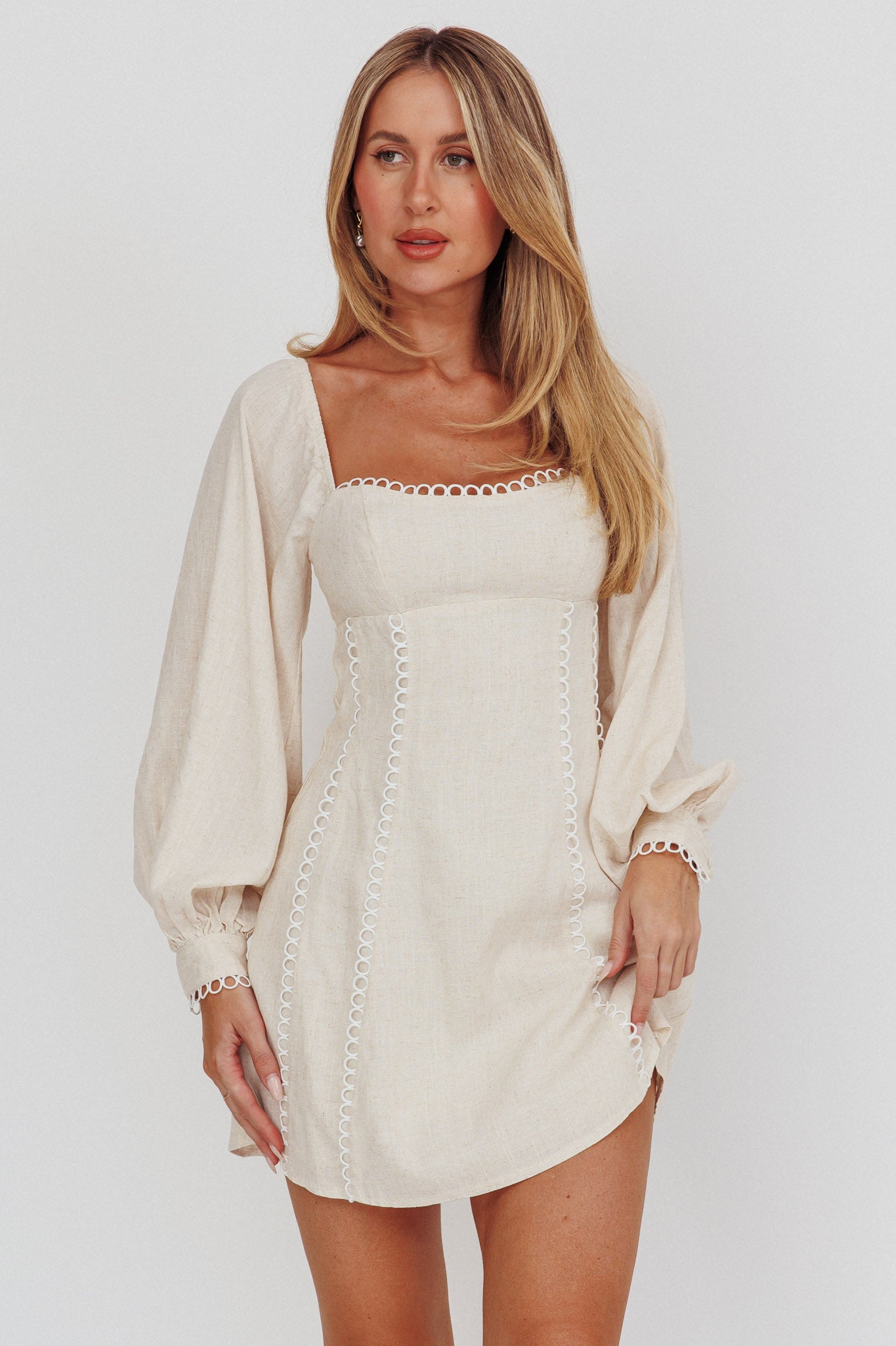 Shop the Chamberlain Balloon Sleeves Mini Dress Beige