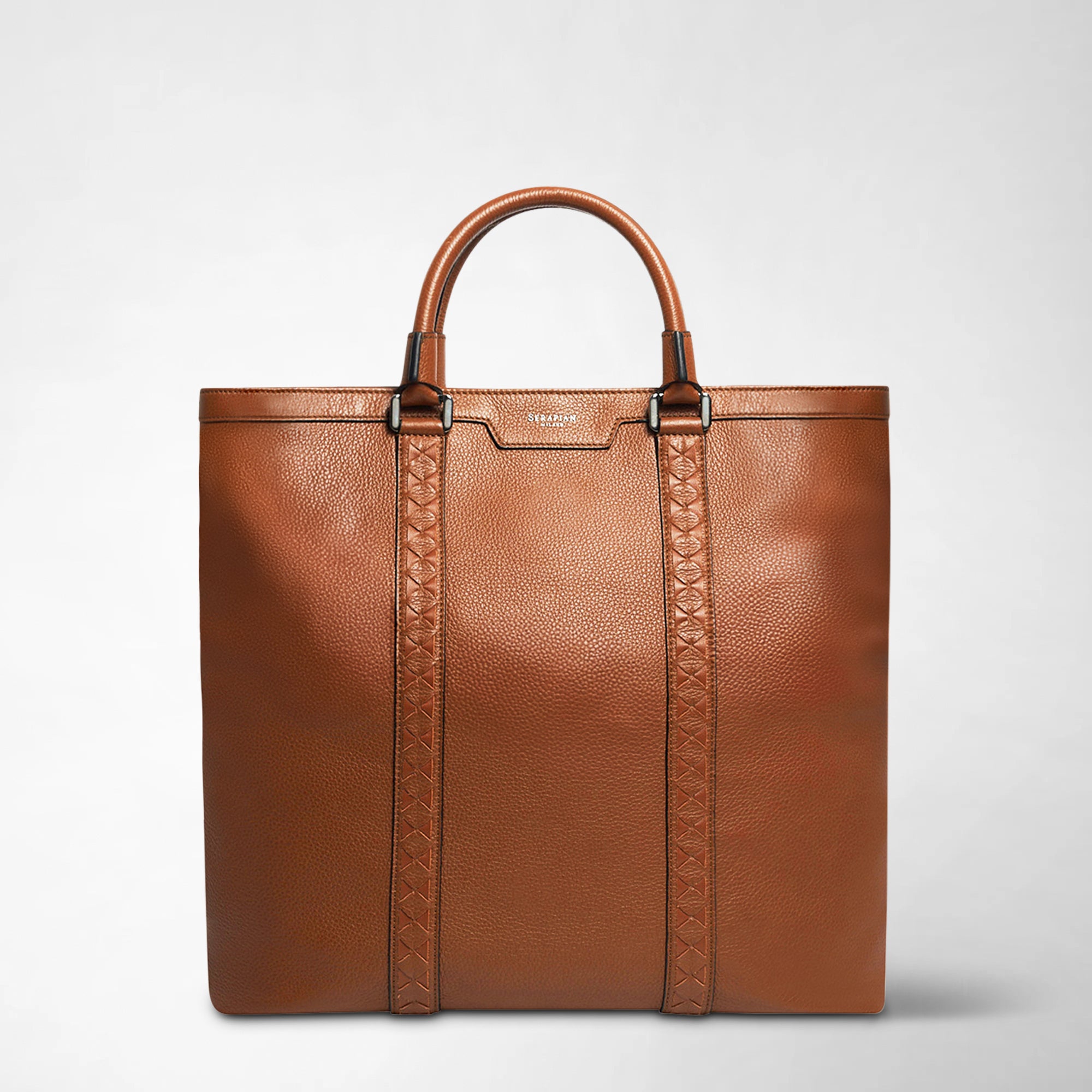 Men's tote bag in leather and Mosaico tobacco