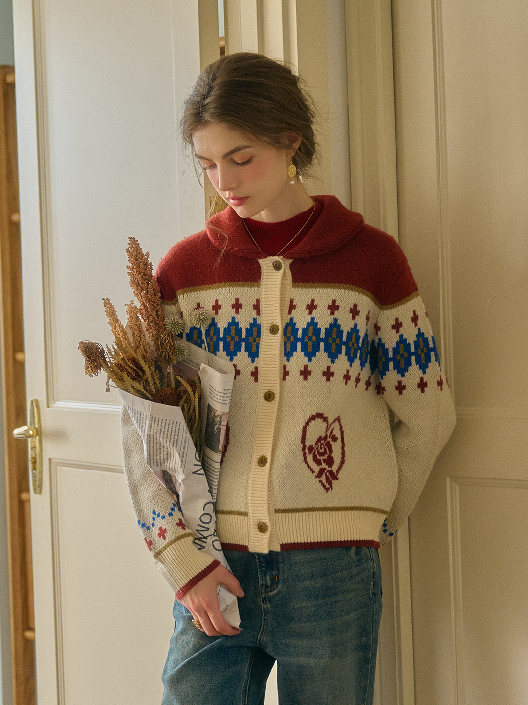 Samira Vintage Lapel SR Exclusive Design Rose Jacquard Fair Isle Cardi