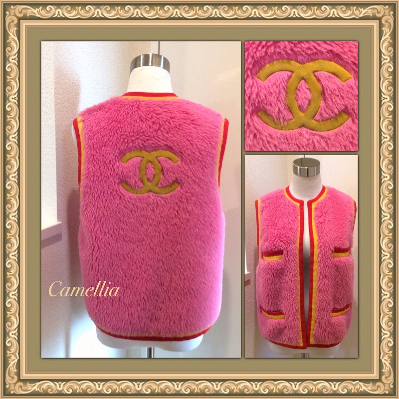 レア シャネル 良品 ココマーク ピンク ファー ベスト,ジャケット 36