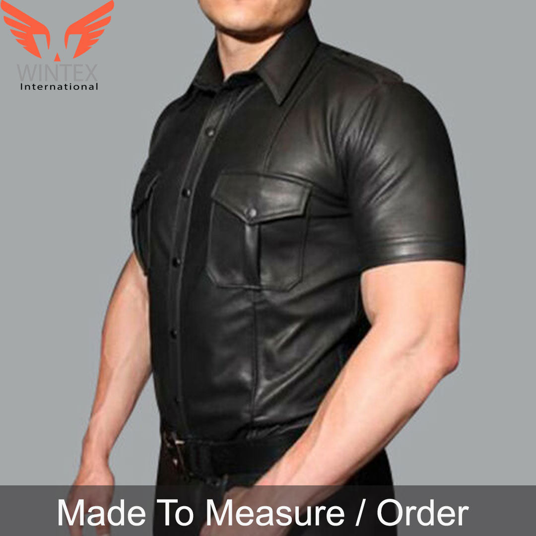 Men's Real Lamb Leather Police Uniform Shirt Sexy Short Sleeve
