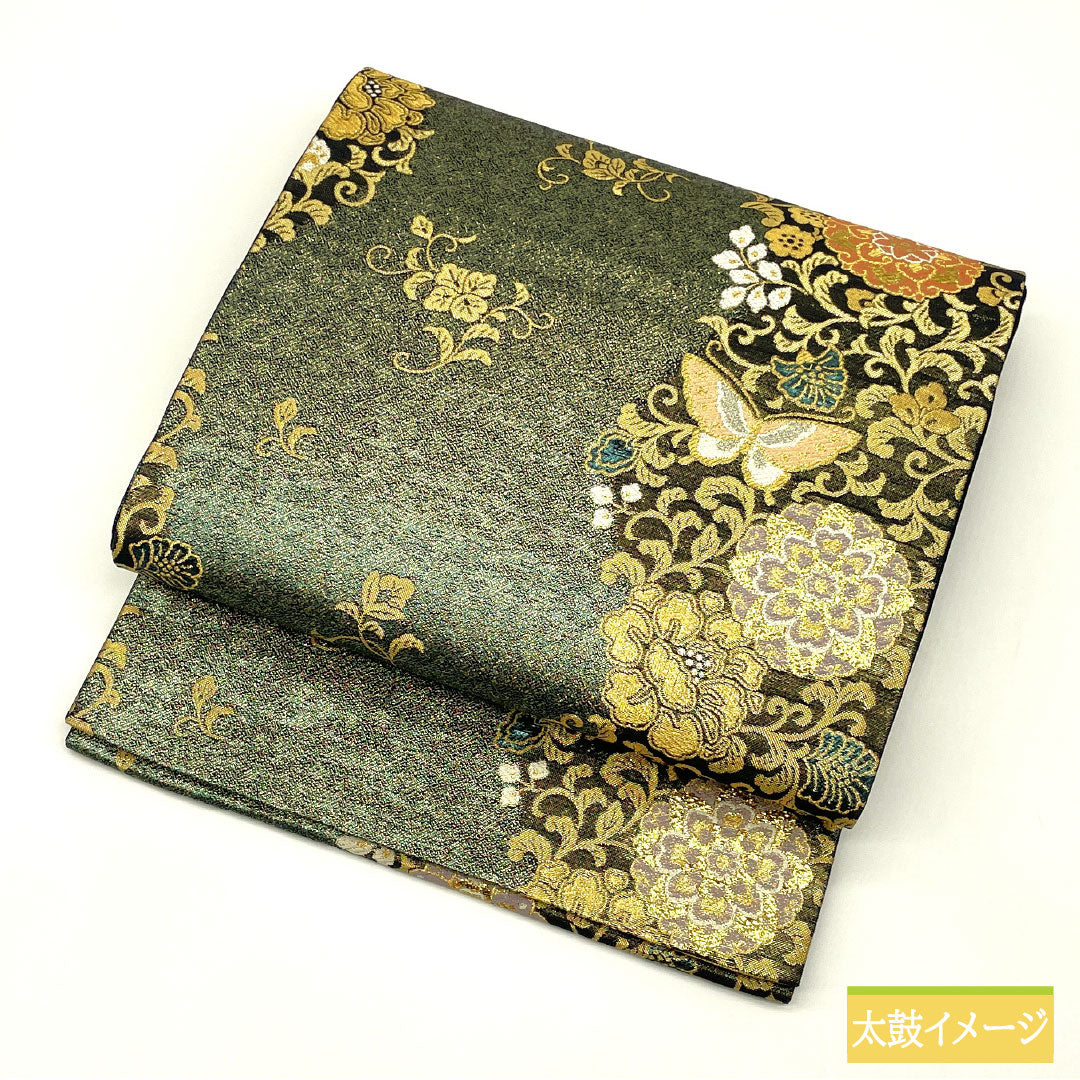 リサイクル着物】袋帯 正絹 Sランク 翠鳳唐草紋様 西陣織 蝶 帯丈436cm