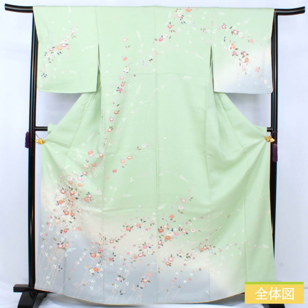 リサイクル着物】訪問着 正絹 Sランク 袷 身丈166.5cm 裄丈62cm 薄緑色