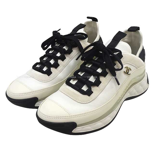 CHANEL sneakers Coco Mark #37 Ladies Ivory/Black Fabric Velvet