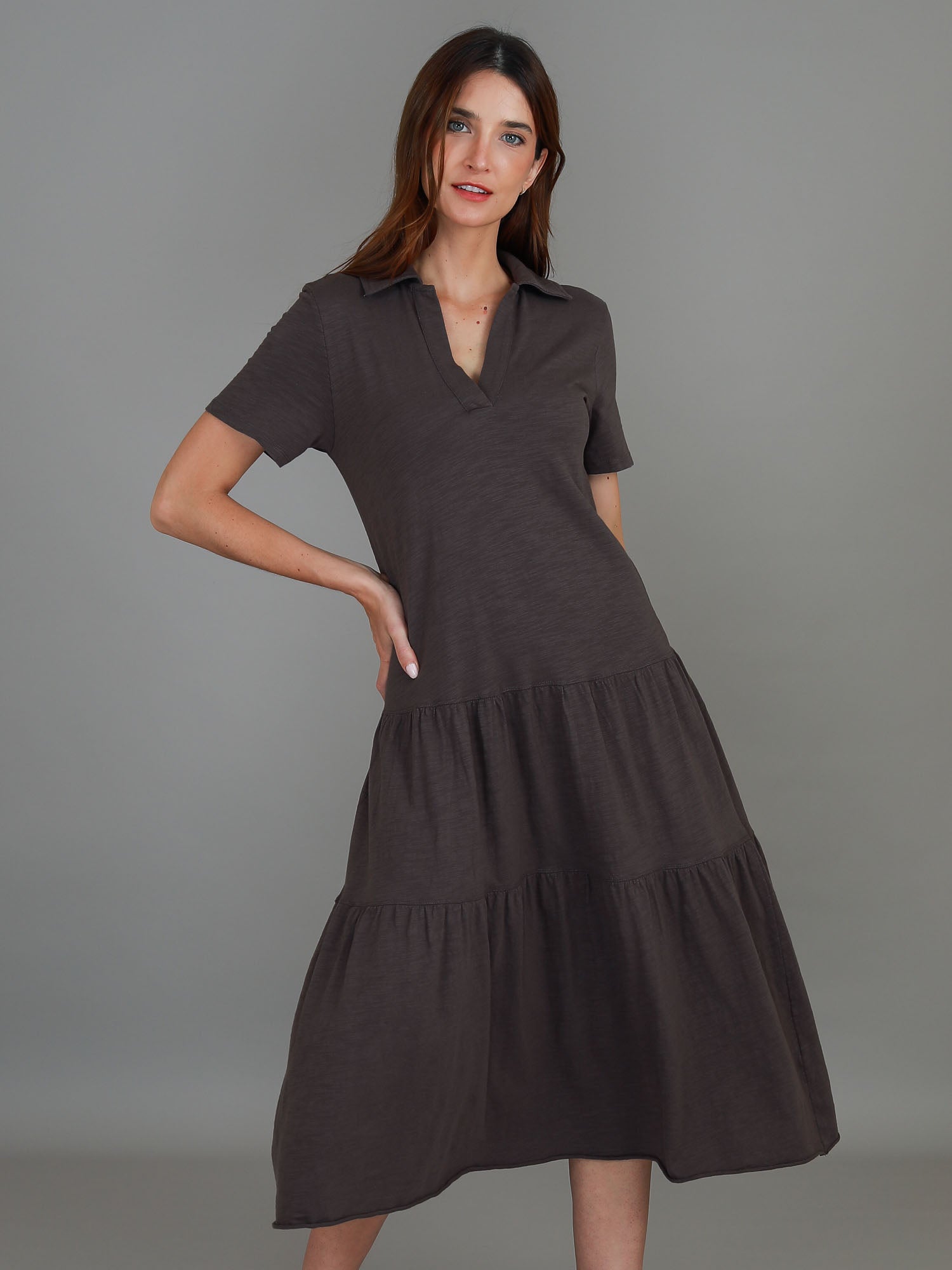 Tricia Polo Dress – Cotton Midi Dress in Espresso, Black & Green