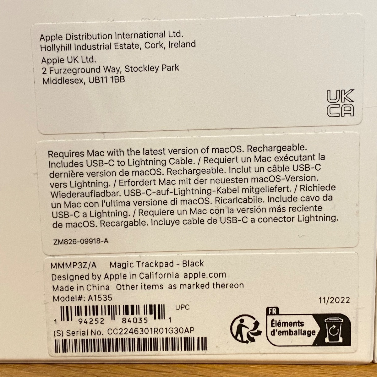 Apple Magic Trackpad Black Multi-Touch Surface Lightning Model 100