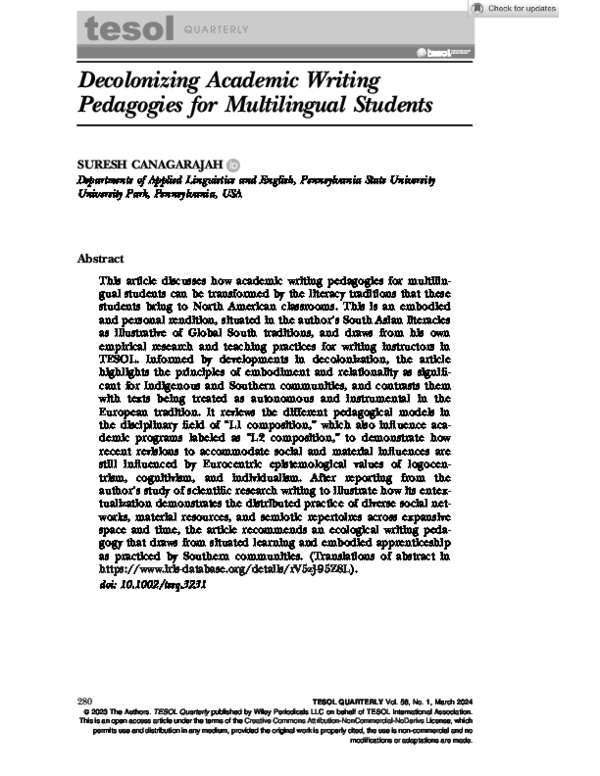 PDF) Decolonizing Academic Writing Pedagogies for Multilingual
