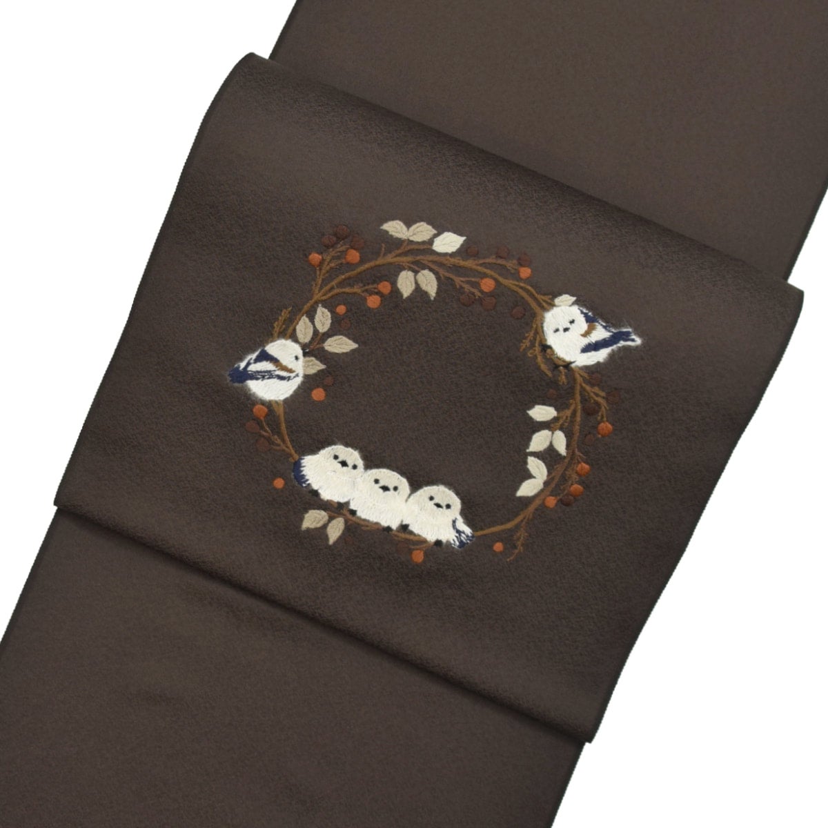 正絹 刺繍九寸名古屋帯 シマエナガ/こげ茶 | おべべほほほ