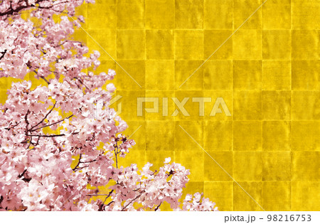 満開の桜の花を描いた琳派風の屏風絵、金箔市松模様の背景アートの