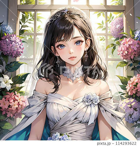 薔薇に囲まれた白いドレスを着た若い女性のイラスト素材 [114293622