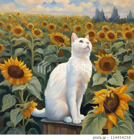 ひまわり畑と猫のイラスト素材 [114454258] - PIXTA
