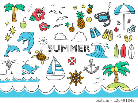 夏の手描きイラストセットのイラスト素材 [126491848] - PIXTA