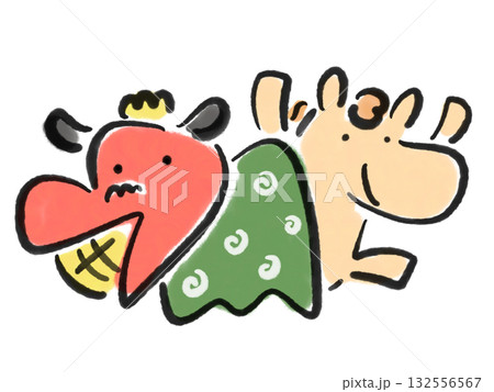 墨絵のかわいい獅子舞とバンザイする馬 正月素材 手描きのイラスト素材