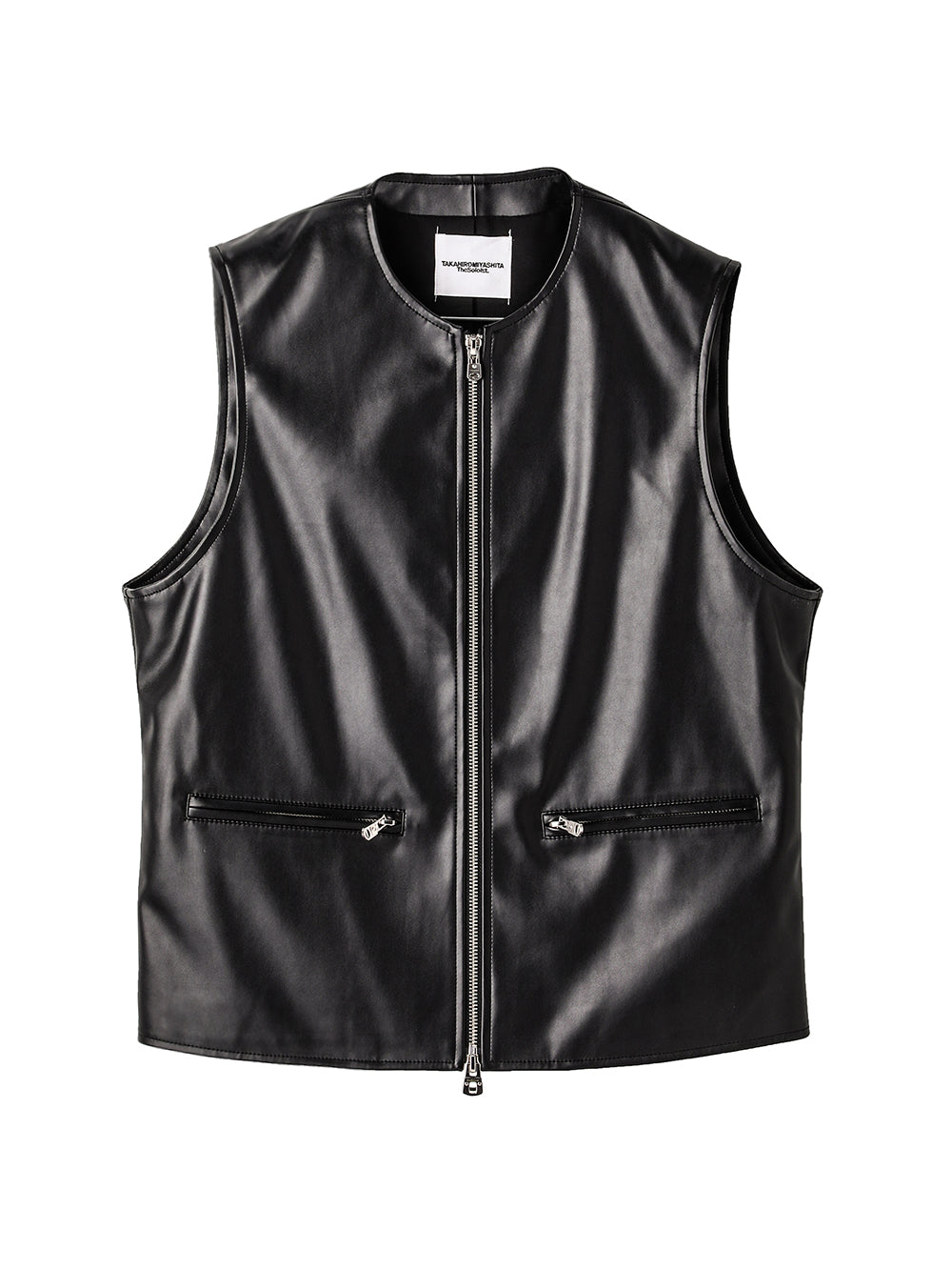 sj.0038AW25-black フォーレザージップアップクルーネックベスト The