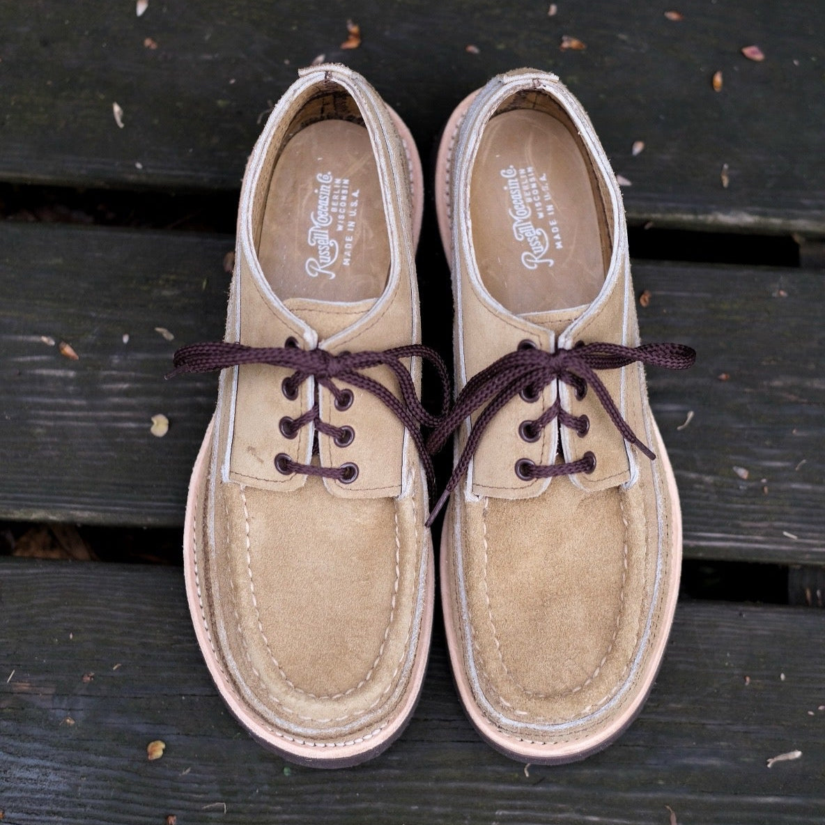 Russell Moccasin x Stitchdown Fishing Oxford—Tan Laramie Suede