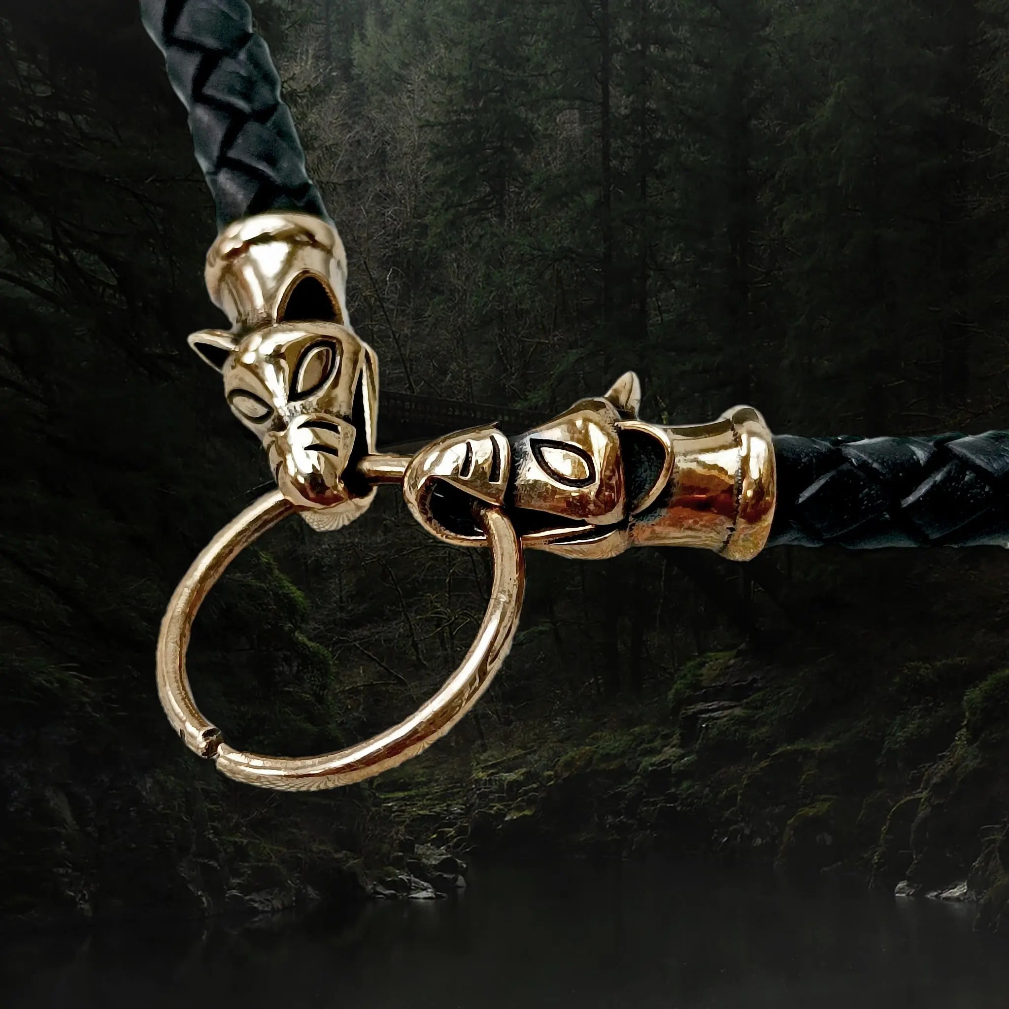 Braided Leather Necklace with Bronze Icelandic Replica Wolf Heads