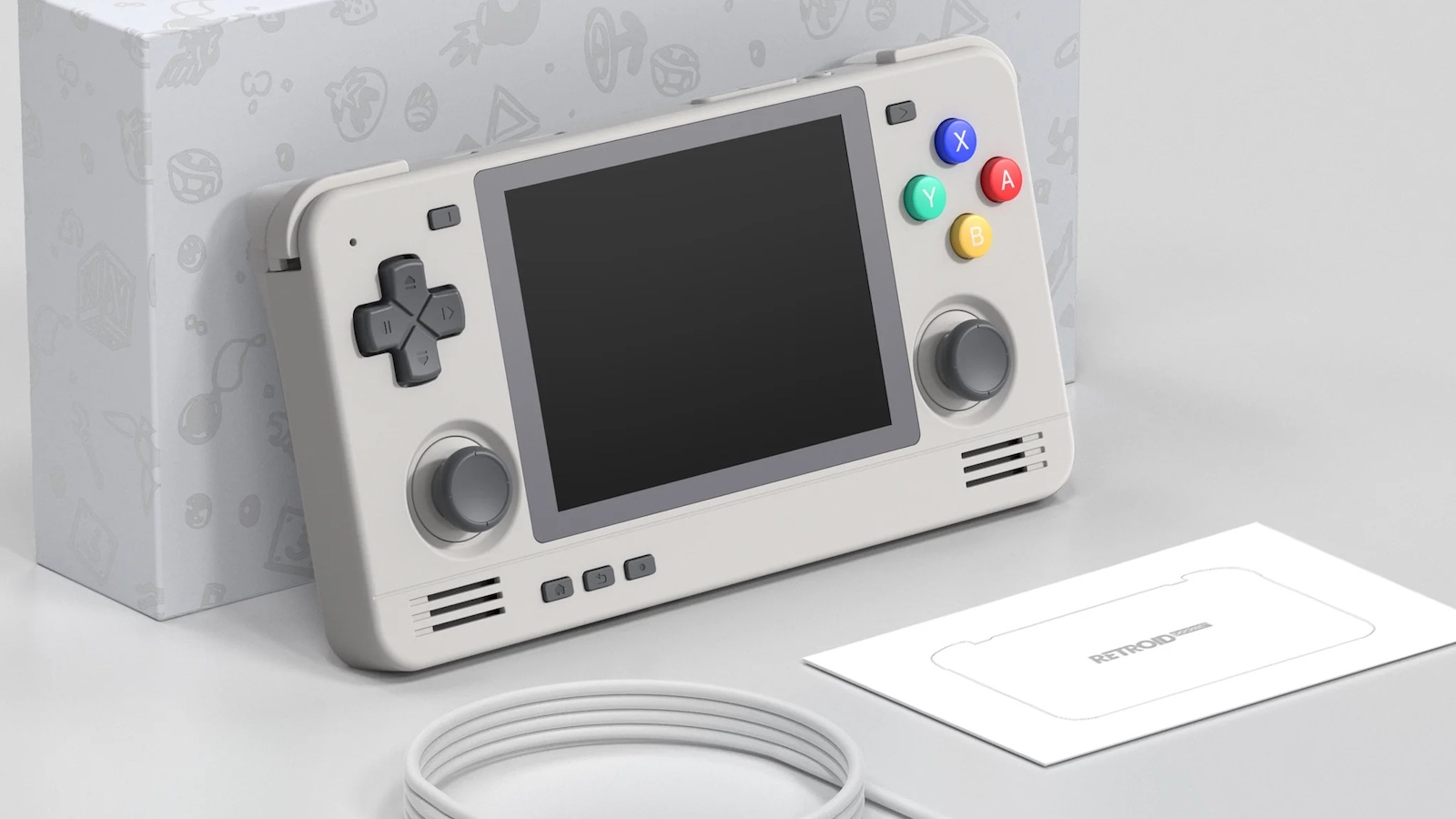 This handheld gaming console has a retro design with emulations