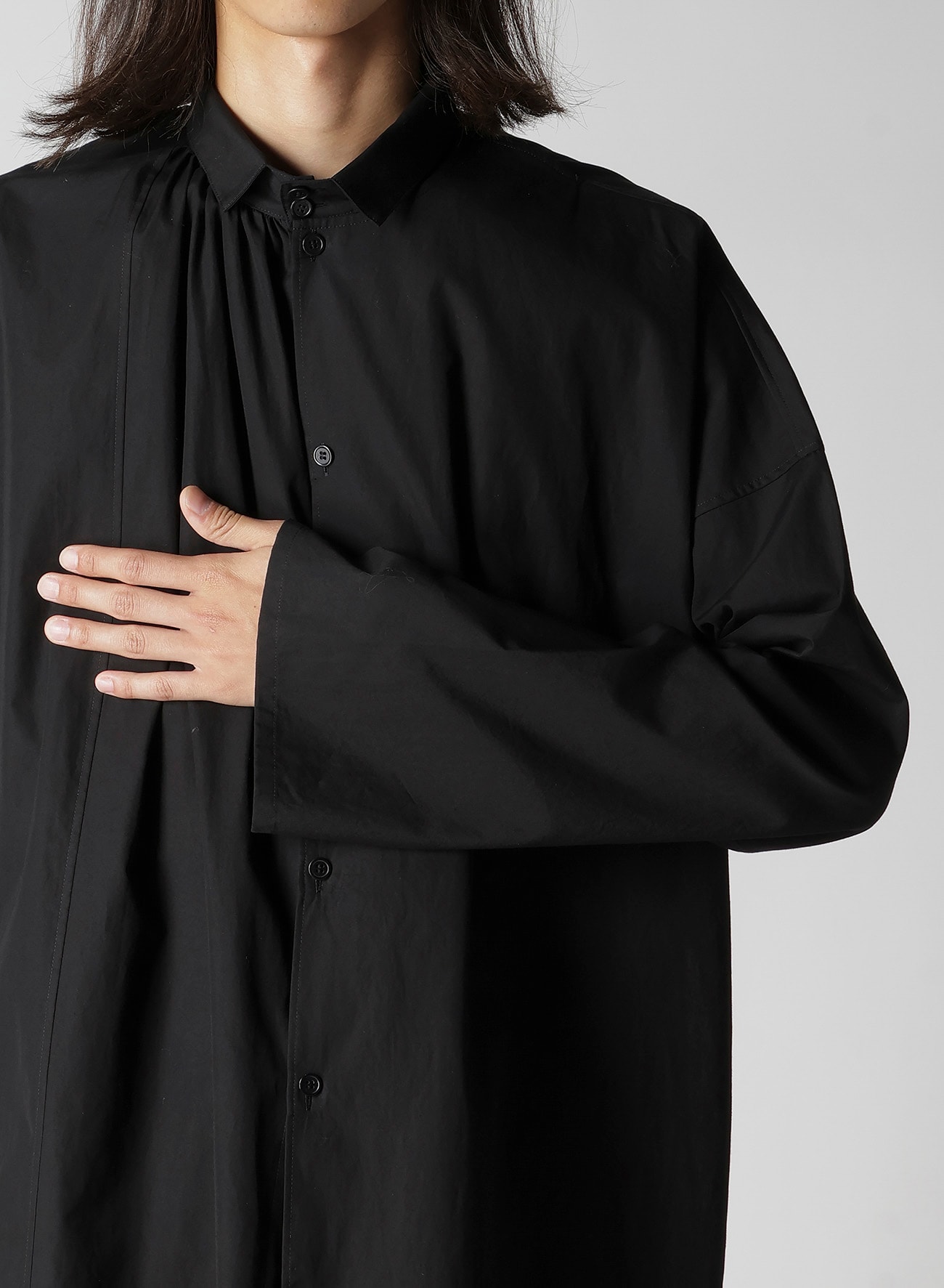 COTTON BROAD GATHER DOUBLE BLOUSE(S Black): Yohji Yamamoto POUR