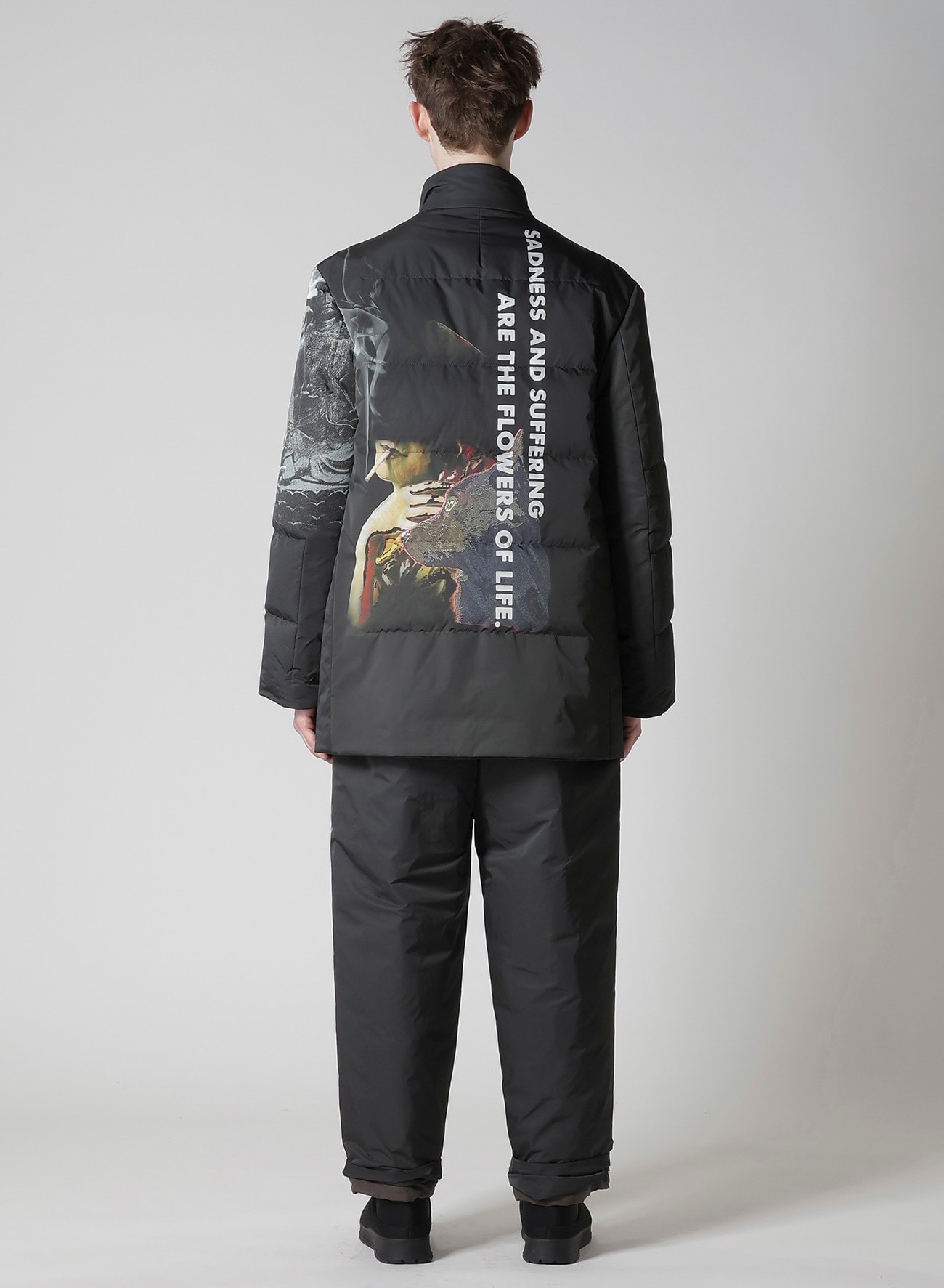 BACK PRINTED HORIZONTAL PADDED STAND JACKET(S Black): Yohji