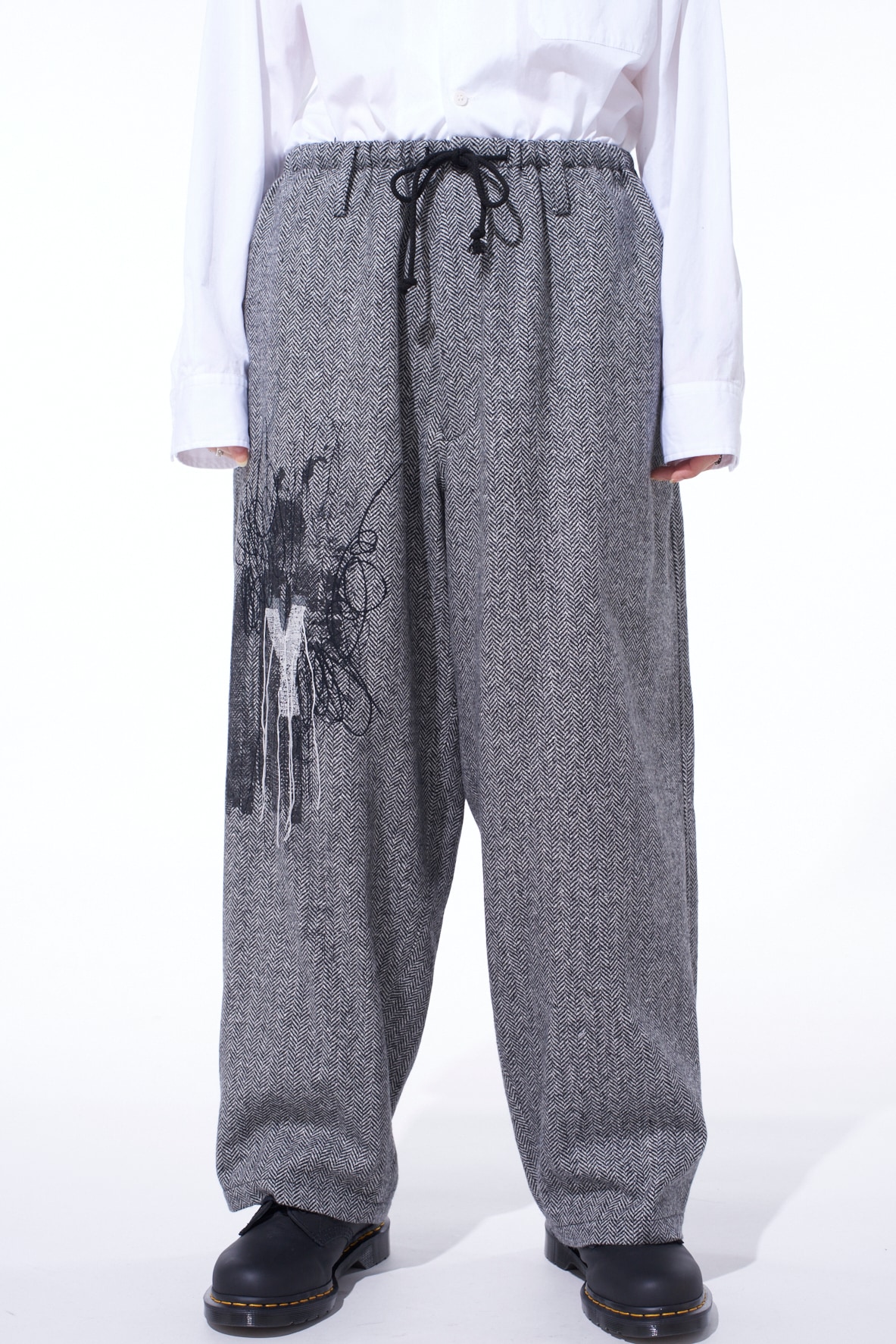 HERRINGBONE TWEED WAIST-STRING WIDE PANTS(S Black x White): S'YTE