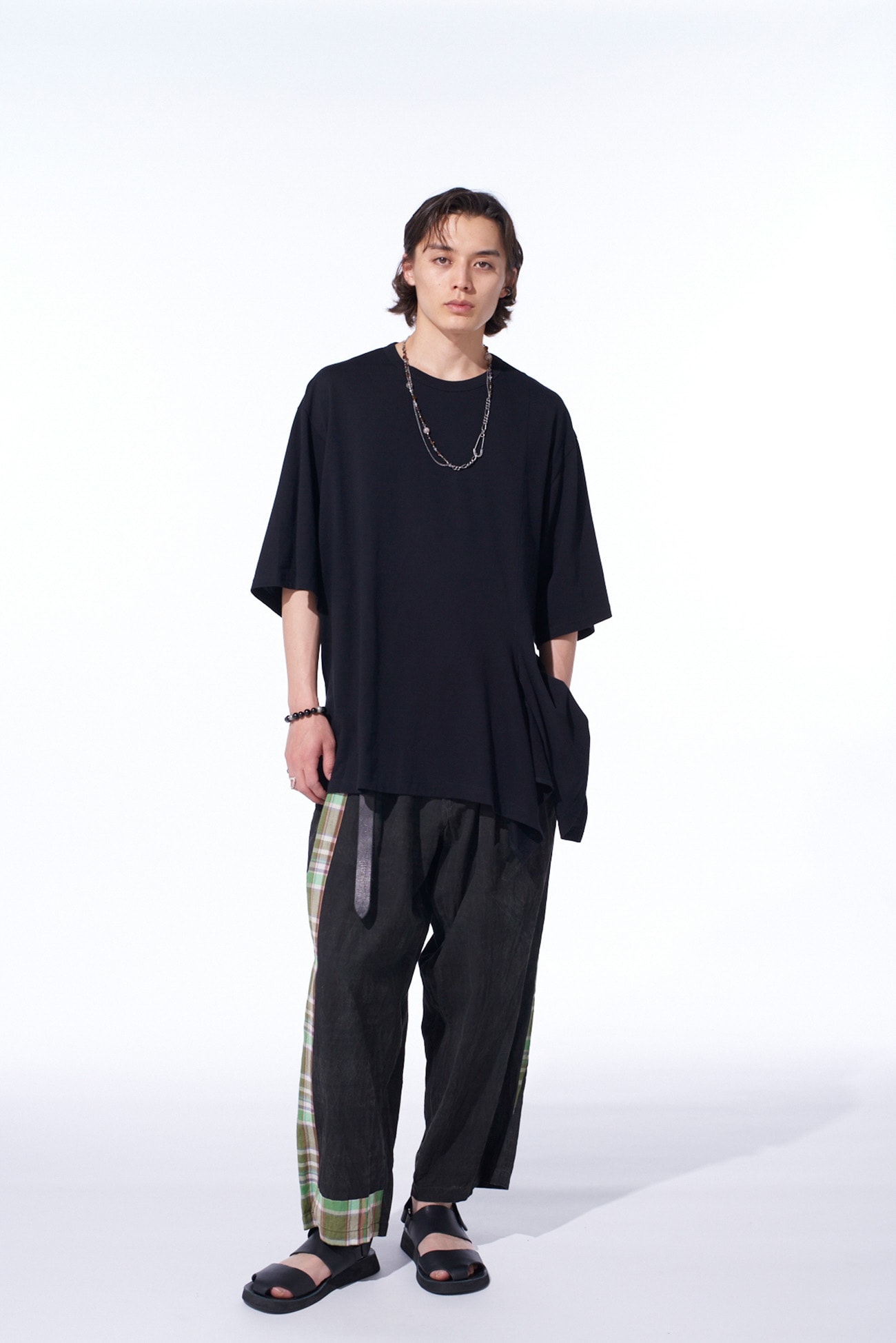 MADRAS CHECK PIGMENT PRINT 3-TUCK WIDE PANTS(M Green): S'YTE｜THE